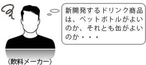 新開発するドリンク商品は、ペットボトルがよいのか、それとも缶がよいのか・・・